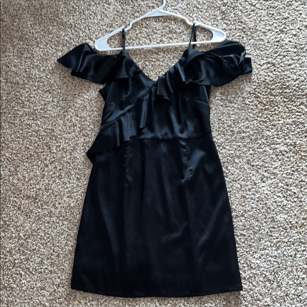 She + Sky Black Ruffle Off Shoulder Mini Dress!
